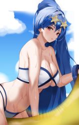 Rule 34 | 1girl, absurdres, bare arms, bare shoulders, bikini, blue hair, breasts, cleavage, commission, cowboy shot, eyewear on head, highres, large breasts, long hair, looking at viewer, multi-strapped bikini, nevin (flyskying), original, parted lips, pixiv commission, red eyes, solo, standing, star-shaped eyewear, star (symbol), stomach, strapless, strapless bikini, sunglasses, swimsuit, very long hair, wet, white bikini