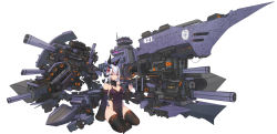 Rule 34 | 1girl, absurdres, black thighhighs, breasts, cannon, cleavage, covered navel, detached sleeves, flower, hair flower, hair ornament, halo, highres, large breasts, long hair, long sleeves, mecha musume, mechanical ears, original, pelvic curtain, purple eyes, seiza, simple background, sitting, solo, syaha, thighhighs, white background, white hair