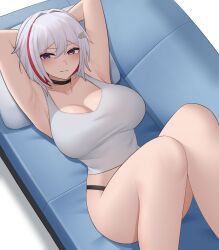 Rule 34 | 1girl, absurdres, armpits, arms behind head, black choker, breasts, choker, cleavage, commentary, exy exii, feet out of frame, grey hair, grin, hair between eyes, hair intakes, hair ornament, highres, honkai: star rail, honkai (series), knees together feet apart, large breasts, looking at viewer, lying, multicolored hair, no pants, on back, panties, parted lips, pillow, red hair, shadow, short hair, simple background, smile, solo, streaked hair, tank top, teeth, thighs, topaz (honkai: star rail), underwear