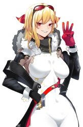 Rule 34 | 1girl, ameiarts, black gloves, black scarf, blonde hair, bodysuit, breasts, clenched hand, commentary, covered navel, english commentary, eyebrows hidden by hair, eyewear on head, gloves, hand on own hip, highres, hololive, hololive indonesia, kaela kovalskia, large breasts, red gloves, scarf, smile, solo, sunglasses, virtual youtuber, w, white background, white bodysuit