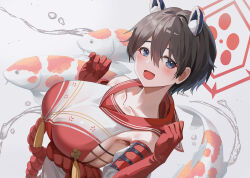 Rule 34 | 1girl, animal, animal ears, black hair, blue archive, blush, breasts, collarbone, fish, gloves, grey eyes, hair between eyes, highres, jiang shennong, large breasts, open mouth, raccoon ears, red gloves, rope, shimenawa, short hair, sideboob, simple background, smile, solo, tsubaki (blue archive), upper body, water, white background