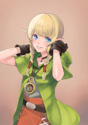 Rule 34 | 1girl, aki yasm, belt, blonde hair, blue eyes, braid, capelet, choker, commentary request, gloves, green capelet, highres, hyrule warriors, jewelry, leather, leather gloves, linkle, long hair, necklace, nintendo, pointy ears, sidelocks, smile, solo, the legend of zelda, twin braids, watch