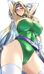 Rule 34 | 1girl, armor, armpits, arms up, belt, blonde hair, blue eyes, blue headband, breasts, cape, celes chere, cleavage, final fantasy, final fantasy vi, green leotard, headband, highleg, highleg leotard, huge breasts, kumakichi (cost-lost), leotard, long hair, parted bangs, shoulder pads, solo, sweat, thighhighs, thighs, wavy hair, white cape, white thighhighs