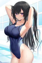 Rule 34 | 1girl, armpits, arms behind head, arms up, black hair, blue one-piece swimsuit, breasts, covered navel, cowboy shot, highleg, highleg swimsuit, highres, large breasts, long hair, looking at viewer, miko (royal milk), mole, mole on breast, mole under eye, one-piece swimsuit, original, parted lips, purple eyes, sideboob, solo, standing, swimsuit, thighs, wet, wet clothes, wet swimsuit