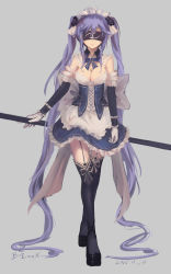 Rule 34 | 1girl, absurdly long hair, black thighhighs, blindfold, blue hair, breasts, bzerox, cleavage, full body, garter straps, gloves, grey background, highres, long hair, maid, maid headdress, original, polearm, simple background, solo, thighhighs, twintails, very long hair, weapon, white gloves