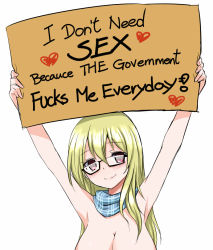 Rule 34 | 1girl, arms up, black-framed eyewear, blonde hair, breasts, cleavage, english text, glasses, holding, holding sign, large breasts, long hair, naked scarf, nude, original, out-of-frame censoring, pun, ranguage, red eyes, scarf, semi-rimless eyewear, sign, simple background, smile, solo, truth, typo, under-rim eyewear, white background, zaxwu