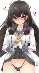 Rule 34 | 1girl, artist name, black hair, black panties, blush, clothes lift, commentary request, cowboy shot, dated, gloves, gluteal fold, grey sailor collar, hair ribbon, highres, isokaze (kancolle), kantai collection, lifted by self, long hair, long sleeves, looking at viewer, one-hour drawing challenge, panties, pleated skirt, red eyes, ribbon, sailor collar, school uniform, serafuku, simple background, skirt, skirt lift, solo, standing, takase muh, trembling, tress ribbon, underwear, white background, white gloves
