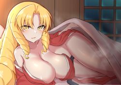 Rule 34 | 1girl, bare shoulders, bed sheet, blonde hair, blush, breasts, cleavage, collarbone, coyomin, drill hair, fate/kaleid liner prisma illya, fate (series), highres, japanese clothes, kimono, large breasts, long hair, luviagelita edelfelt, lying, off shoulder, on side, open mouth, parted bangs, red kimono, sidelocks, solo, thighs, very long hair, yellow eyes