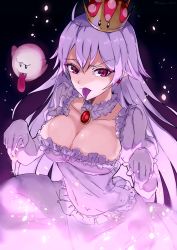 Rule 34 | 1girl, absurdres, bad id, bad pixiv id, boo (mario), breasts, choker, cleavage, closed mouth, collar, colored tongue, commentary, crown, dress, earrings, elbow gloves, frilled choker, frilled collar, frilled dress, frills, ghost pose, gloves, highres, jewelry, large breasts, light particles, light purple hair, long dress, long hair, long tongue, looking at viewer, luigi&#039;s mansion, mario (series), matsukan (dug pile), mini crown, new super mario bros. u deluxe, nintendo, pendant, princess king boo, puffy short sleeves, puffy sleeves, purple eyes, purple tongue, short sleeves, smile, solo, standing, super crown, tilted headwear, tongue, upper body, white choker, white dress, white gloves, wind