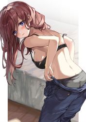 Rule 34 | 1girl, ass, bare shoulders, black bra, black panties, blue eyes, blush, bra, breasts, butt crack, closed mouth, clothes pull, denim, from side, go-toubun no hanayome, hair between eyes, highres, jeans, long hair, looking at viewer, nakano miku, panties, pants, pants pull, red hair, saya (mychristian2), signature, simple background, solo, standing, underwear, undressing