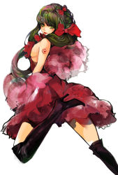 Rule 34 | 1girl, alternate costume, back, boots, breasts, dress, from behind, front ponytail, full body, green eyes, green hair, high heel boots, high heels, kagiyama hina, leg up, lipstick, long hair, looking at viewer, looking back, makeup, matching hair/eyes, miyako3344, red dress, red skirt, sideboob, simple background, skirt, sleeveless, solo, thigh boots, thighhighs, touhou, white background