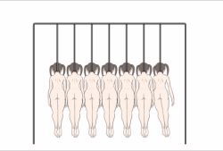 Rule 34 | 6+girls, animated, animated gif, arms at sides, asphyxiation, ass, back, barefoot, borusen, brown hair, completely nude, corpse, death, execution, from behind, full body, hanged, legs together, long hair, lowres, multiple girls, newton&#039;s cradle, noose, nude, original, rope, simple background, soles, swinging, twintails, ugoira, what, white background