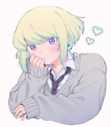 Rule 34 | 1boy, alternate costume, black necktie, blonde hair, closed mouth, collared shirt, colored eyelashes, earrings, grey sweater, head rest, heart, highres, jewelry, kome 1022, light blush, lio fotia, looking at viewer, loose necktie, male focus, necktie, promare, purple eyes, shirt, short hair, sidelocks, simple background, sleeves past wrists, solo, sweater, trap, triangle earrings, white background, white shirt