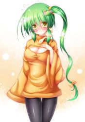 Rule 34 | 1girl, black pantyhose, blush, breasts, cleavage, cleavage cutout, clothing cutout, cowboy shot, flying sweatdrops, frog hair ornament, green hair, hair ornament, hand on own chest, highres, kochiya sanae, large breasts, long hair, looking at viewer, meme attire, open-chest sweater, orange shirt, osashin (osada), pantyhose, ribbed sweater, ribbon, shirt, side ponytail, sleeves past wrists, smile, snake hair ornament, solo, sweater, thigh gap, touhou, turtleneck, very long hair, wide sleeves, yellow eyes