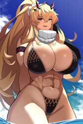 Rule 34 | 1girl, abs, bare shoulders, barghest (fate), bikini, black bikini, blonde hair, blue sky, breasts, cleavage, fairy knight gawain (ice warrior) (fate), fate/grand order, fate (series), gauntlets, green eyes, hair ornament, hair scrunchie, heterochromia, high ponytail, highleg, highleg bikini, highres, horns, huge breasts, imuzi, long hair, looking at viewer, muscular, muscular female, navel, ocean, open mouth, red eyes, scarf, scrunchie, sidelocks, single gauntlet, sky, smile, solo, swimsuit, thick thighs, thighs, white scarf