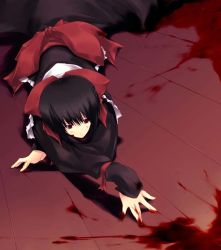 Rule 34 | 1girl, abimaru, black hair, blood, blood on face, blood stain, blood on hands, bow, dress, hair bow, hair ribbon, maid, pool of blood, red eyes, ribbon, serious, short hair, solo