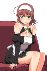 Rule 34 | 1girl, a1 (initial-g), absurdres, ahoge, arm support, bare shoulders, blush, body blush, breasts, brown hair, cleavage, cosplay, couch, detached sleeves, dream c club, dream c club (series), green eyes, hairband, highres, kimi ga nozomu eien, large breasts, mizuhashi kaori, setsu (dream c club), setsu (dream c club) (cosplay), short hair, simple background, sitting, smile, solo, suzumiya akane, voice actor connection, waitress