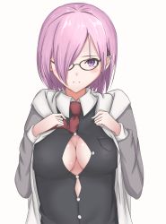 Rule 34 | 1girl, blush, breasts, cleavage, cleavage cutout, clothing cutout, covered erect nipples, fate/grand order, fate (series), glasses, hair over one eye, highres, mash kyrielight, maza kisuke, necktie, purple eyes, purple hair, solo