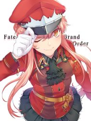 Rule 34 | 1girl, adjusting clothes, adjusting headwear, artist request, breasts, commentary request, fate/grand order, fate (series), gloves, hair bun, hat, highres, long hair, looking at viewer, looking up, medb (alluring chief warden look) (fate), medb (fate), medium breasts, military, military uniform, one eye closed, pink hair, single hair bun, skirt, smile, solo, uniform, white gloves, yellow eyes