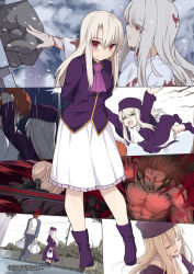 Rule 34 | 1girl, artoria pendragon (all), artoria pendragon (fate), bag, blood, bow, braid, breasts, closed eyes, commentary request, dress, emiya shirou, eyes visible through hair, fate/stay night, fate (series), full body, hair between eyes, hair bow, hair ornament, heracles (fate), holding, holding bag, illyasviel von einzbern, jacket, long hair, looking at viewer, orange hair, rain, red eyes, saber alter, shiseki hirame, shoes, short hair, small breasts, smile, solo focus, sword, weapon, white dress, white hair