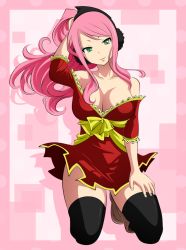 Rule 34 | 1girl, breasts, cleavage, fairy tail, green eyes, hairband, highres, large breasts, long hair, meredy (fairy tail), pink hair, smile, solo, thighhighs