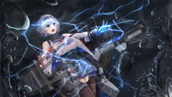 Rule 34 | 1girl, ammunition, anchor symbol, azur lane, bare shoulders, barefoot, belt, belt bra, black belt, black hairband, black pantyhose, breasts, chain, commentary, cowboy shot, crotchless, crotchless pantyhose, electricity, grey hair, grey skirt, gun, hair between eyes, hair ornament, hairband, hairclip, highres, jacket, large breasts, long sleeves, looking to the side, machinery, metal gloves, motsushi, necktie, night, open mouth, pantyhose, parted hair, purple eyes, red necktie, reno (azur lane), rigging, see-through, shirt, short hair, sidelocks, skirt, sleeveless, sleeveless shirt, smoke, solo, standing, star (symbol), star print, thigh strap, waves, weapon, white jacket