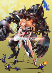 Rule 34 | 1girl, absurdres, anklet, armor, black footwear, blonde hair, blue eyes, boots, breastplate, cable, cape, closed mouth, commentary, controller, creature, english text, fire, frown, gradient background, head tilt, high heels, highres, holding, jewelry, ji yeun kim, joystick, legs apart, long hair, md5 mismatch, original, pelvic curtain, resolution mismatch, robot, shoes, single eye, single thigh boot, source smaller, standing, thigh boots, thighhighs, wire