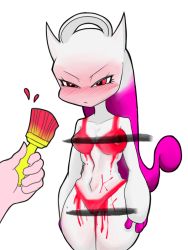 Rule 34 | 1girl, animal ears, arms at sides, blush, bodypaint, breasts, brush, cat ears, censored, closed mouth, collarbone, cowboy shot, creatures (company), disembodied hand, embarrassed, female focus, fufucatu, full-face blush, furry, furry female, game freak, gen 1 pokemon, half-closed eyes, holding, legendary pokemon, legs together, medium breasts, mega mewtwo y, mega pokemon, mewtwo, navel, nintendo, nipples, nose blush, nude, paint, paintbrush, painted clothes, personification, pokemon, pokemon (creature), pussy, red eyes, simple background, solo, standing, textless version, transparent censoring, white background