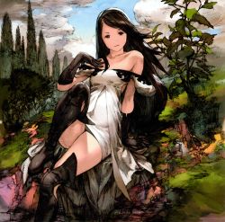 Rule 34 | 1girl, agnes oblige, bare shoulders, boots, bravely default: flying fairy, bravely default (series), cloud, day, gloves, long hair, looking at viewer, official art, sitting, sky, solo, square enix, tree, yoshida akihiko