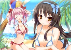 Rule 34 | 2girls, arms up, ball, beach, beachball, bikini, black hair, blue eyes, blush, bow, breasts, brown eyes, cleavage, crossed arms, closed eyes, flower, hair bow, hair flower, hair ornament, hair up, hairband, kurot, large breasts, long hair, looking at viewer, multiple girls, open mouth, original, pink hair, sand, smile, swimsuit