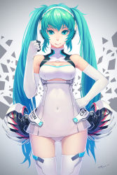 Rule 34 | 10s, 1girl, 2014, :p, aqua eyes, aqua hair, armpits, breasts, cleavage, clenched hand, covered navel, dated, elbow gloves, gloves, hand on own hip, hatsune miku, headphones, highres, leotard, long hair, racing miku, smile, solo, thighhighs, tongue, tongue out, twintails, tyc001x, very long hair, vocaloid