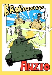 Rule 34 | 10s, 3girls, anchovy (girls und panzer), anzio military uniform, arm support, barashiya, belt, black belt, black footwear, black hair, black neckwear, black ribbon, black shirt, blonde hair, boots, braid, carpaccio (girls und panzer), carro armato p40, carro veloce cv-33, closed eyes, closed mouth, commentary, dress shirt, drill hair, girls und panzer, goggles, goggles on headwear, green eyes, green hair, grey jacket, grey pants, grey skirt, hair ribbon, hand in own hair, helmet, highres, indian style, italian text, jacket, knee boots, long hair, long sleeves, looking at viewer, military, military uniform, military vehicle, motor vehicle, multiple girls, necktie, open mouth, pants, pepperoni (girls und panzer), red eyes, ribbon, sam browne belt, semovente 75/18, shirt, short hair, side braid, sitting, skirt, smile, tank, twin drills, twintails, uniform, v-shaped eyebrows
