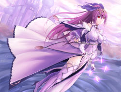 Rule 34 | 1girl, bkko, boots, breasts, breasts apart, dress, dutch angle, fate/grand order, fate (series), floating hair, hair between eyes, hair ornament, high heel boots, high heels, high ponytail, holding, holding wand, large breasts, long hair, purple footwear, purple hair, red eyes, scathach (fate), scathach skadi (fate), scathach skadi (third ascension) (fate), solo, standing, thigh boots, thighhighs, very long hair, wand, white dress