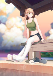 Rule 34 | 1girl, bare shoulders, blonde hair, blue footwear, blue shorts, blurry, blurry background, breasts, cleavage, cloud, cloudy sky, collarbone, crop top, eyelashes, feet, foreshortening, full body, gradient sky, green eyes, green tank top, highres, large breasts, legs, midriff, navel, no shoes, on bench, original, outdoors, ponytail, pout, shoes, short shorts, shorts, sidelocks, sitting, sky, sneakers, soles, solo, spread toes, tank top, thighhighs, toenails, toes, unworn shoes, wcks0774, white footwear, white thighhighs