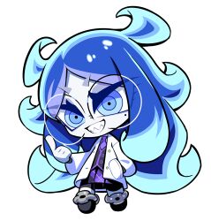 Rule 34 | 1girl, big head, black footwear, black shorts, black vest, blue eyes, blue hair, buttons, chain, chibi, coat, colored skin, donuttypd, ghost, ghost girl, hand up, lab coat, long hair, long sleeves, looking at viewer, lowres, mole, mole under eye, monster girl, multicolored hair, necktie, open clothes, open coat, open mouth, original, paisley (donuttypd), plaid, plaid skirt, pleated skirt, pointing, pointing up, purple hair, purple necktie, purple skirt, school uniform, sharp teeth, shorts, shorts under skirt, simple background, skirt, smile, teeth, very long hair, vest, white background, white coat, white skin