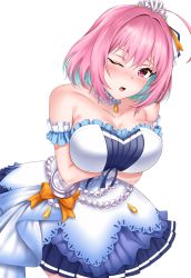 Rule 34 | 1girl, ahoge, arm garter, bare shoulders, blue hair, blush, bow, breasts, cleavage, clock, collarbone, crimecrime, crossed arms, detached collar, dress, highres, idolmaster, idolmaster cinderella girls, large breasts, looking at viewer, multicolored hair, one eye closed, open mouth, pink eyes, pink hair, short hair, simple background, solo, tiara, two-tone hair, white background, white dress, yumemi riamu