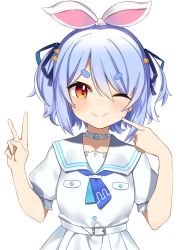 Rule 34 | 1girl, ;), absurdres, blue hair, carrot hair ornament, closed mouth, collar, collarbone, dress, food-themed hair ornament, hair ornament, highres, hololive, looking at viewer, one eye closed, pointing, pointing at self, red eyes, short hair, short sleeves, simple background, smile, solo, toushuma, two side up, upper body, usada pekora, usada pekora (casual), v, virtual youtuber, white background, white dress