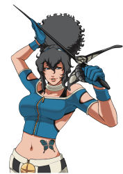 Rule 34 | 1girl, bare shoulders, black hair, blue eyes, bra strap, breasts, bug, butterfly, crop top, diana (kof), gloves, hair up, highres, bug, large breasts, lips, midriff, navel, rapier, snk, solo, sword, tattoo, the king of fighters, weapon