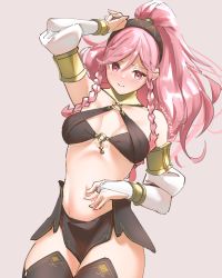 Rule 34 | 1girl, bare shoulders, black hairband, blush, braid, breasts, closed mouth, fire emblem, fire emblem awakening, fire emblem heroes, hairband, long hair, looking at viewer, medium breasts, navel, nintendo, o-ring, olivia (fire emblem), pink eyes, pink hair, ponytail, simple background, skeptycally, solo, twin braids, twitter username