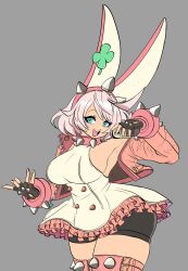 Rule 34 | 1girl, ahoge, animal ears, armpits, black gloves, blue eyes, boots, bracelet, breasts, clover, collar, dress, elphelt valentine, fingerless gloves, four-leaf clover, frilled dress, frills, gloves, guilty gear, guilty gear strive, hairband, highres, holding, holding microphone, huge ahoge, jacket, jewelry, large breasts, long sleeves, looking at viewer, microphone, open mouth, peagade, pink dress, pink footwear, pink hairband, pink jacket, short hair, sideboob, smile, spiked bracelet, spiked collar, spiked hairband, spikes, thick thighs, thigh boots, thighs, two-tone dress, white dress, white hair