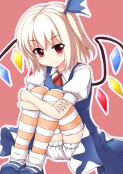 Rule 34 | 1girl, bad id, bad pixiv id, blonde hair, bloomers, cirno, cirno (cosplay), cosplay, flandre scarlet, hair ribbon, holding legs, leg hold, ocha (ochappie), red eyes, ribbon, side ponytail, solo, striped clothes, striped thighhighs, thighhighs, touhou, underwear, wings
