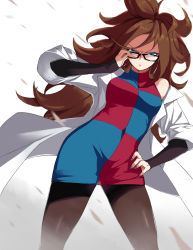 Rule 34 | 1girl, android 21, black-framed eyewear, blue eyes, breasts, brown hair, ceda (dace), curly hair, dragon ball, dragon ball fighterz, dress, earrings, glasses, hoop earrings, jewelry, lab coat, long hair, looking at viewer, nail polish, pantyhose, red hair, solo