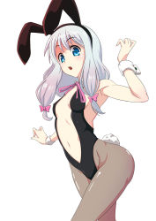 Rule 34 | 10s, 1girl, animal ears, arm up, armpits, bad id, bad pixiv id, black hairband, black leotard, black pantyhose, blue eyes, bow, breasts, commentary request, covered erect nipples, cowboy shot, eromanga sensei, fake animal ears, hair bow, hairband, highres, izumi sagiri, leotard, midriff, navel, open mouth, pantyhose, pink bow, playboy bunny, rabbit ears, rabbit tail, risian, shiny clothes, sideboob, silver hair, simple background, small breasts, solo, standing, stomach, tail, white background, wrist cuffs