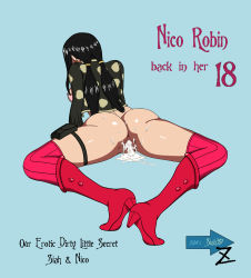 Rule 34 | 1girl, absurdres, aftersex, anus, ass, black hair, boots, bottomless, bra, character name, cum, cum in pussy, cum on ass, cum pool, frilled bra, frills, from behind, highres, holster, huge ass, long hair, low twintails, lying, nico robin, on stomach, one piece, one piece film: z, pink bra, red thighhighs, siah (1323666578), solo, thigh holster, thighhighs, twintails, underwear