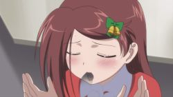 Rule 34 | 1girl, animated, animated gif, bell, blush, bow, brown hair, closed eyes, french kiss, green bow, hair bow, hair ornament, kiss, kissxsis, licking, sexually suggestive, solo focus, suminoe ako, sweat, tongue