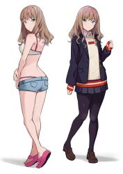 Rule 34 | 1girl, alternate costume, back, bikini, bikini under clothes, black pantyhose, blue jacket, blue shorts, blue skirt, brown footwear, brown hair, closed mouth, collared shirt, commentary request, from behind, full body, green eyes, gridman universe, hand up, heel up, highres, jacket, legs, loafers, long hair, looking at viewer, looking back, micro shorts, minami yume, miniskirt, multiple views, open clothes, open jacket, pantyhose, pink footwear, pleated skirt, sandals, school uniform, shadow, shirt, shoes, shorts, simple background, skirt, sleeves past wrists, ssss.dynazenon, standing, swimsuit, thighs, tiptoes, toes, totoki86, white background