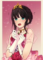 Rule 34 | 1girl, bead necklace, beads, black hair, blush, border, brown border, collarbone, dress, earrings, flower, gloves, hair behind ear, highres, jewelry, kurosawa dia, love live!, love live! sunshine!!, mole, mole under mouth, necklace, official alternate costume, open mouth, pink background, red background, red dress, red flower, red rose, rose, sakurakyun, see-through, see-through sleeves, solo, sparkle, surprised, tiara, white gloves