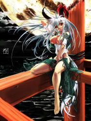 Rule 34 | 1girl, alf874, arm up, barefoot, breasts, breasts out, cloud, dress shirt, ex-keine, feet, female focus, hand up, highres, holding, holding hair, horn ornament, horn ribbon, horns, kamishirasawa keine, large breasts, long hair, looking at viewer, moon, mouth hold, nipples, no bra, orange eyes, ribbon, shirt, sitting, skirt, solo, tail, torn clothes, torn skirt, touhou, unbuttoned, unbuttoned shirt, very long hair, water, white hair, white shirt