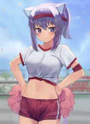 Rule 34 | 1girl, animal ear fluff, animal ears, breasts, cat ears, closed mouth, commentary request, cowboy shot, crop top, hair between eyes, hands on own hips, headband, highres, holding, holding pom poms, hololive, looking away, medium breasts, medium hair, midriff, navel, nekomata okayu, pom pom (cheerleading), pom poms, ponytail, purple eyes, purple hair, red headband, red shorts, shirt, short shorts, short sleeves, shorts, sidelocks, sideways glance, smile, solo, standing, virtual youtuber, white shirt, woogi (duguddnr)