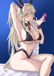 Rule 34 | 1girl, absurdres, animal ears, arm behind head, arm up, armpits, artoria pendragon (fate), artoria pendragon (lancer alter) (fate), bare shoulders, bikini, black bikini, blonde hair, blush, breasts, cleavage, come hither, condom, condom wrapper, crossed legs, detached collar, fake animal ears, fate/grand order, fate (series), freed turing, hair between eyes, highleg, highleg bikini, highres, horns, large breasts, long hair, looking at viewer, navel, necktie, presenting, rabbit ears, seductive smile, sidelocks, sitting, smile, solo, swimsuit, thighs, wrist cuffs, yellow eyes